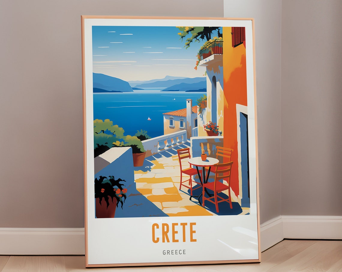 Crete Greece Sunny Seaside Terrace Cafe Mid Century Travel Poster