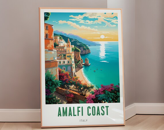 Amalfi Coast Italy Sunset Cliffside Village Stylized Travel Poster
