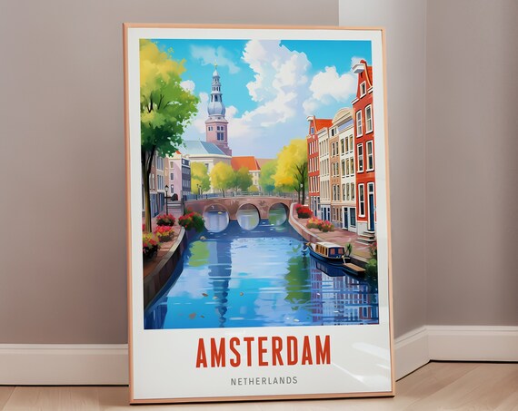 Amsterdam Netherlands Canal Bridge Spring Flowers Travel Poster
