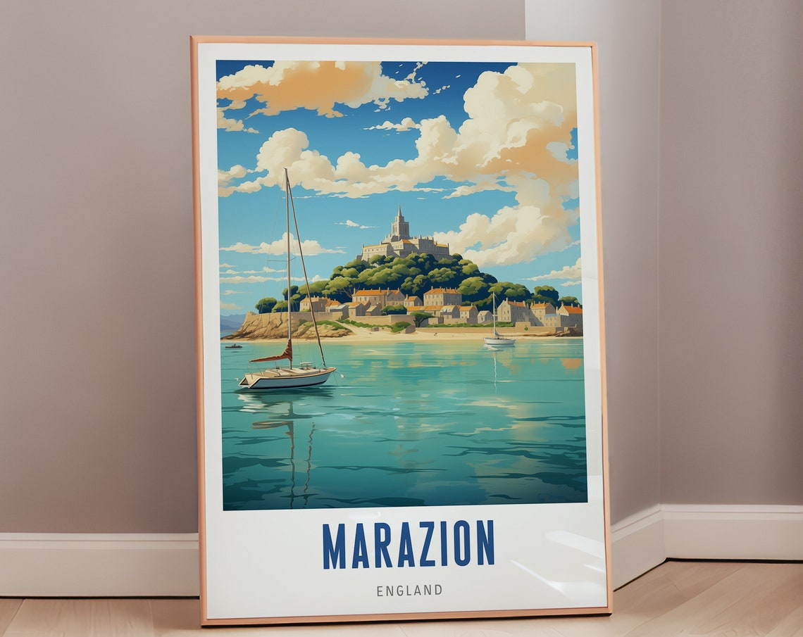 Marazion England Castle Hill Coastal Town Sailboats Travel Poster