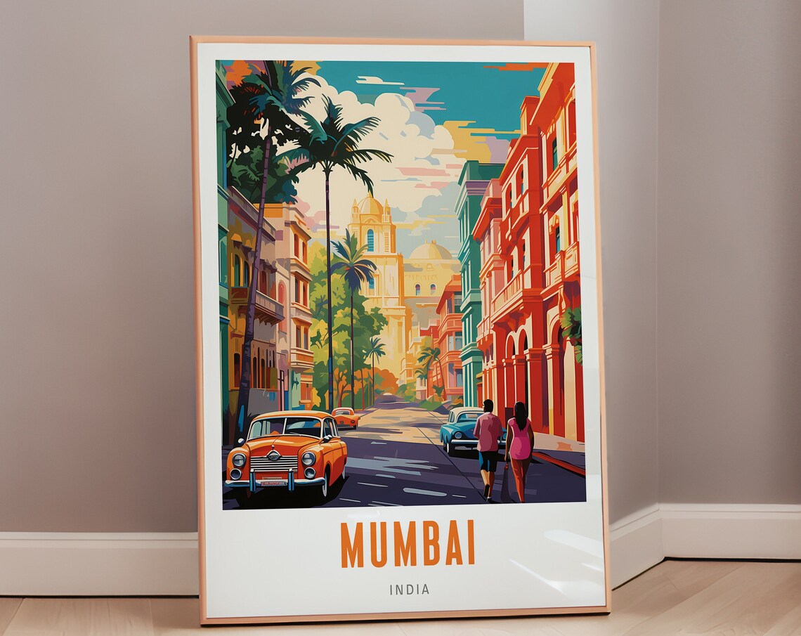 Mumbai India Palm Street Vintage Cars Colonial Charm Travel Poster