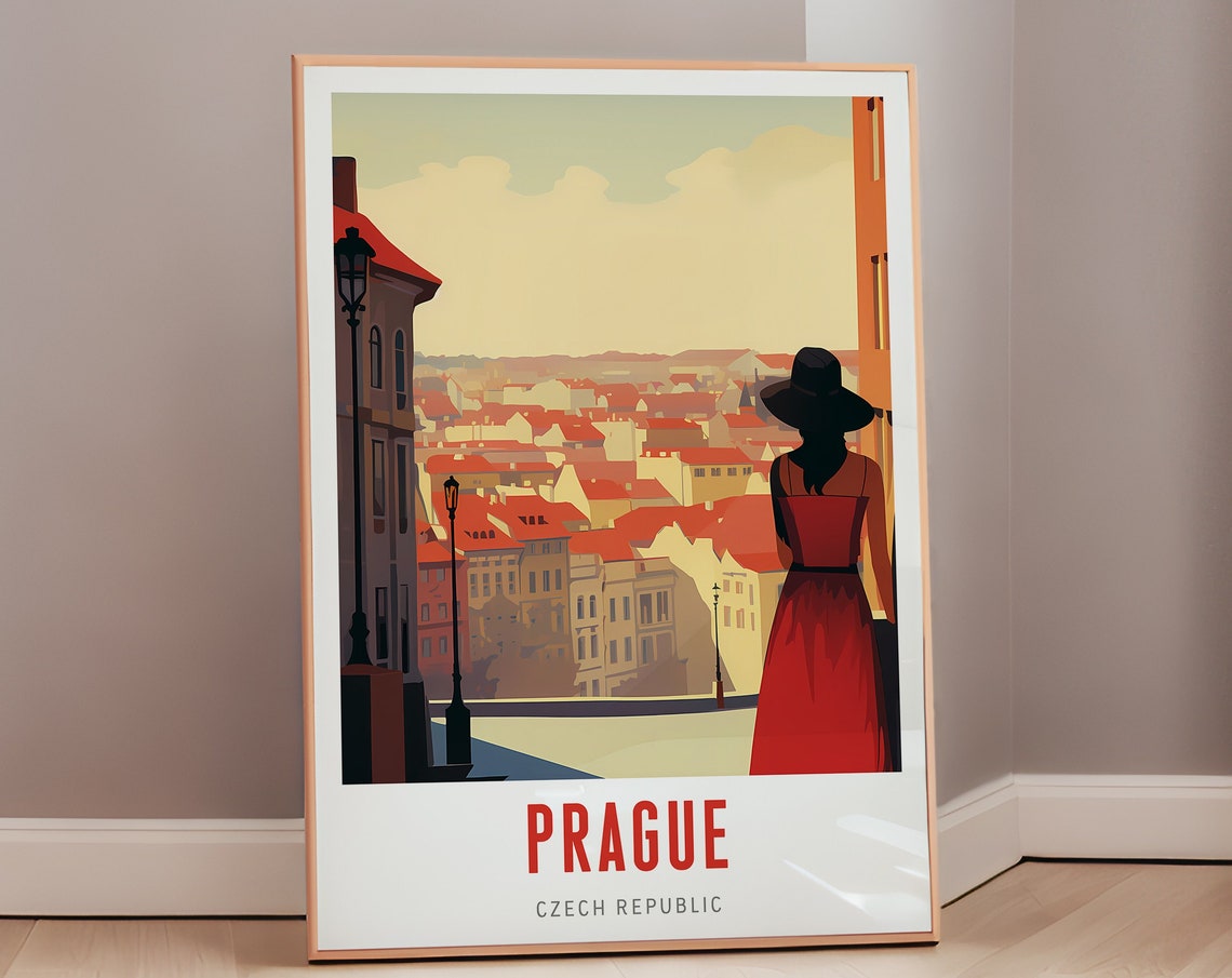 Prague Czech Republic Red Rooftops Woman Mid Century Travel Poster