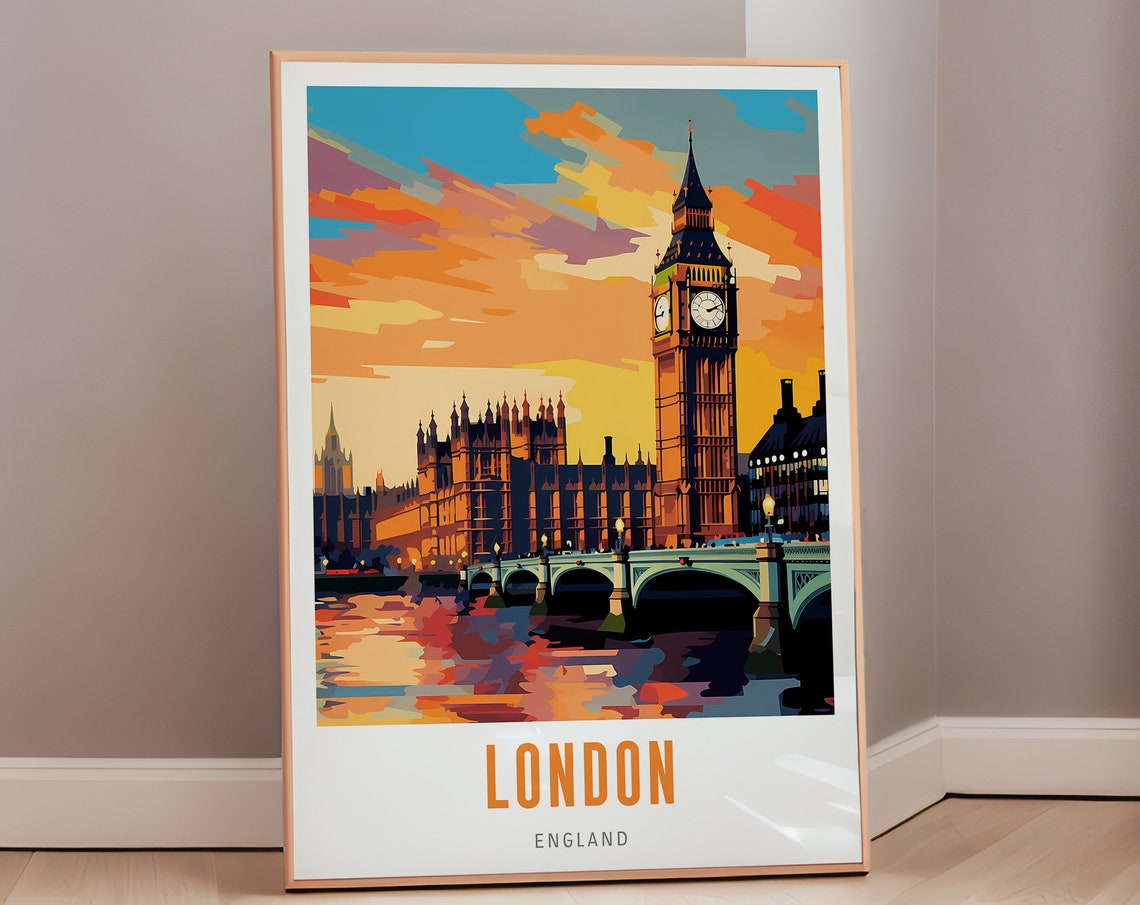 London England Big Ben Sunset Westminster Bridge Travel Poster