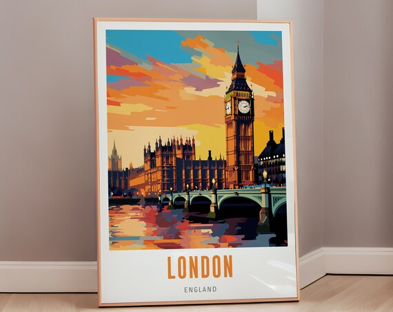 London England Big Ben Sunset Westminster Bridge Travel Poster