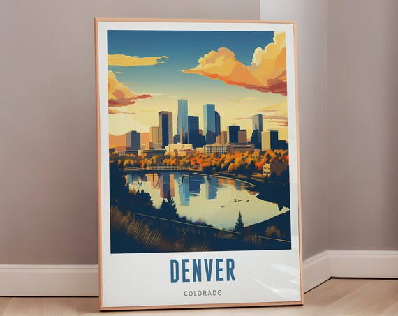 Denver Colorado Skyline Autumn Sunset Lake Reflection Travel Poster