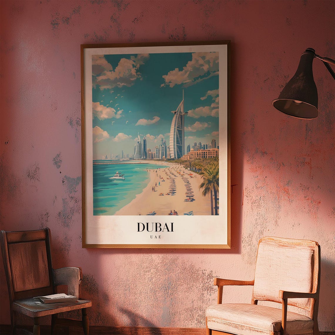 Dubai UAE Beach Burj Al Arab Skyline Retro City Travel Poster