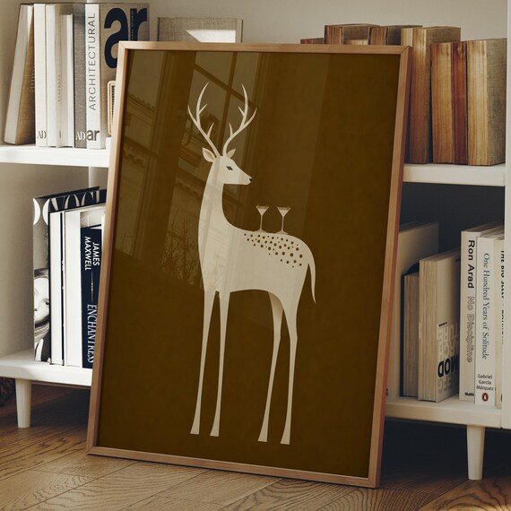 Minimalist Reindeer Wall Art Martini Glasses Poster Abstract Dopamine Decor Digital Download