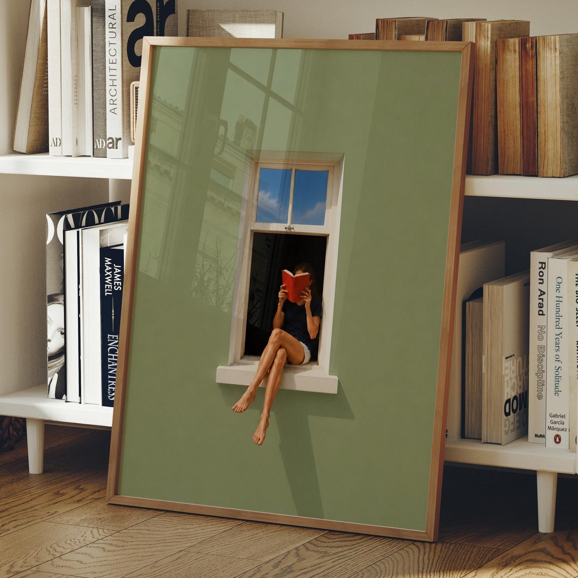 Minimalist Reading Window Print Book Lover Gift Wall Art Green Dopamine Decor Digital Download