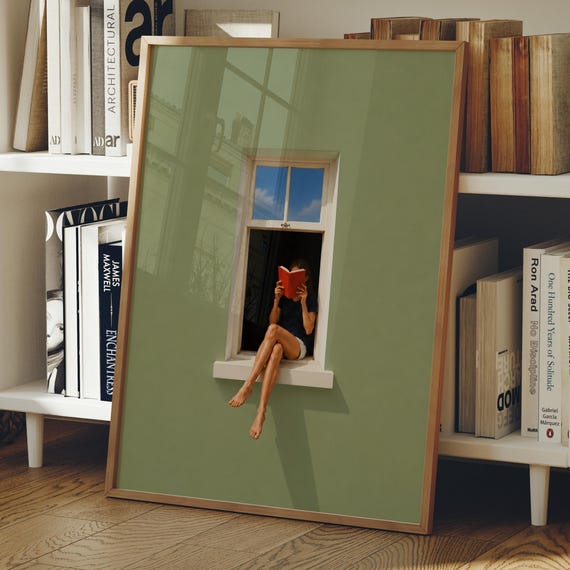 Minimalist Reading Window Print Book Lover Gift Wall Art Green Dopamine Decor Digital Download