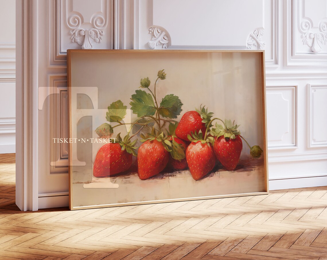 Strawberries Still Life Vintage Style Fruit Painting Horizontal Kitchen Wall Art