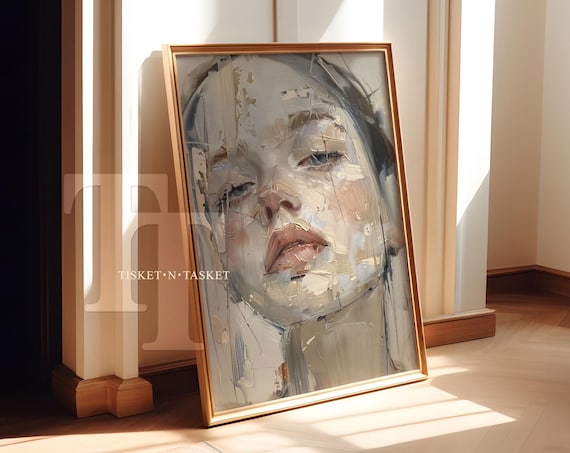 Abstract Woman Face Oil Painting Modern Muted Beige Portrait Print