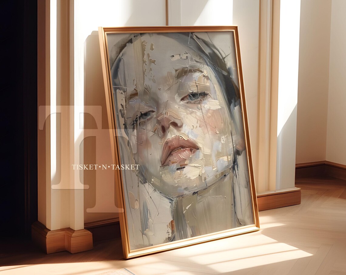 Abstract Woman Face Oil Painting Modern Muted Beige Portrait Print