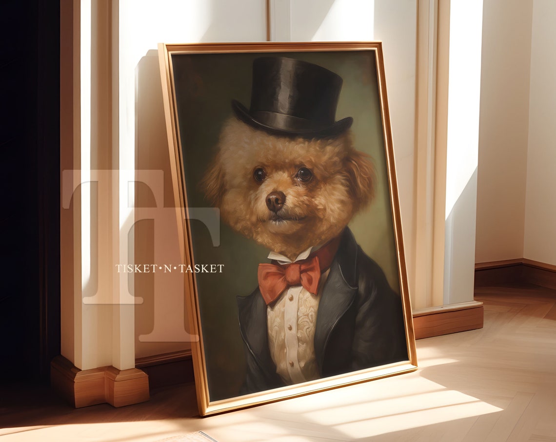 Victorian Dog in Top Hat and Bow Tie Oil Painting Portrait Print