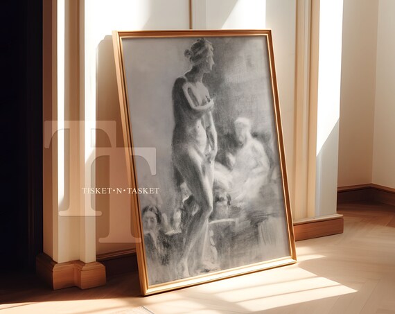 Vintage Standing Nude Female Figure Charcoal Study Drawing Print