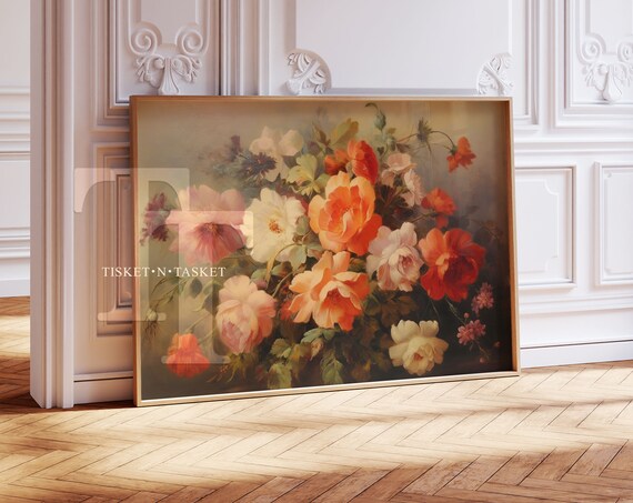 Vintage Rose Still Life Oil Painting Pink Orange Floral Wall Art
