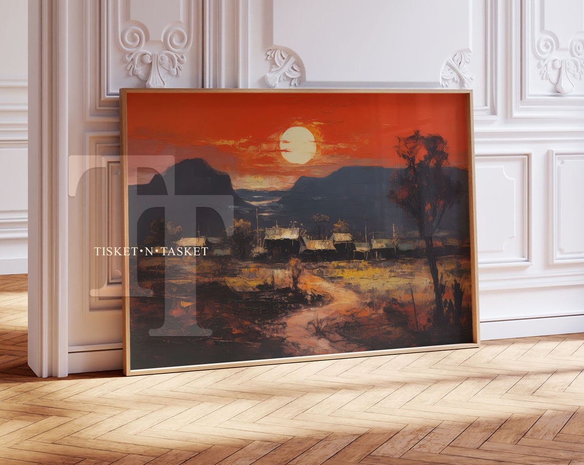 African Village Sunset Landscape Painting Red Sky Horizontal Wall Art