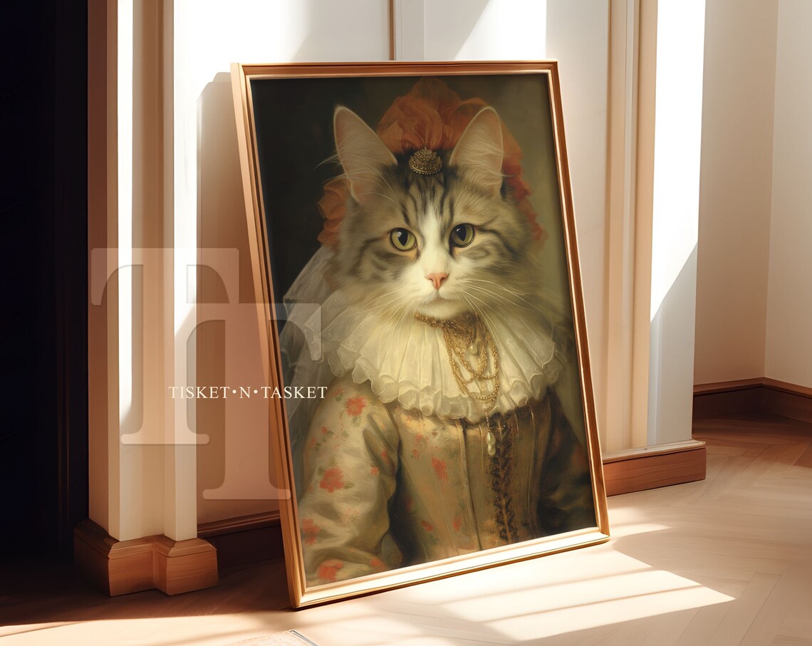 Victorian Cat Wearing Dress Portrait, Vintage Art Print