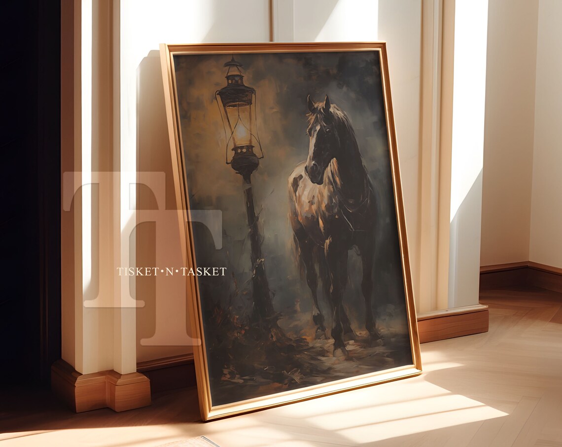 Dark Horse Beside Lit Street Lamp Moody Vintage Oil Art Poster