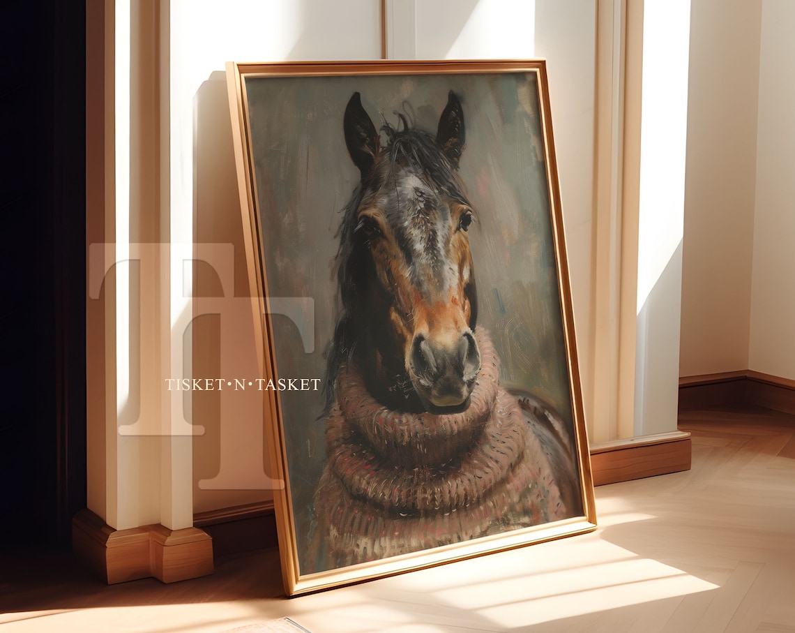 Horse Wearing Pink Sweater Painting Vintage Oil Style Funny Animal Portrait Poster