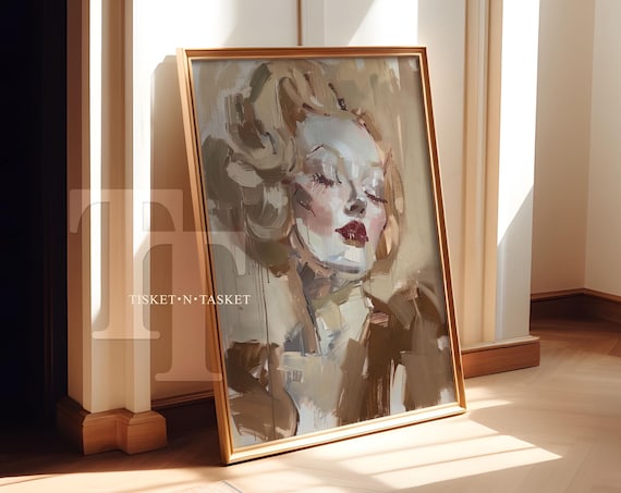 Neutral Tone Woman Portrait Red Lips Artistic Painting Poster