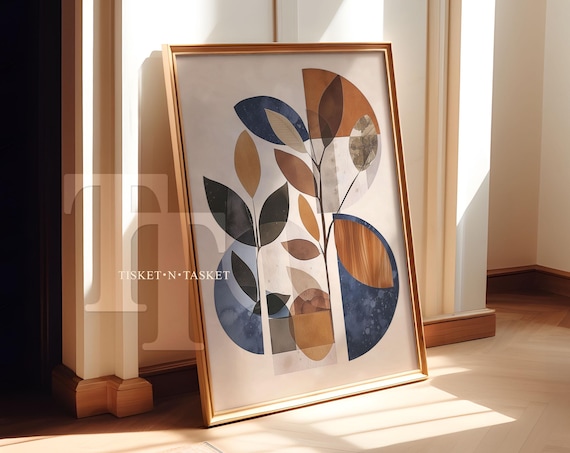 Abstract Blue Brown Botanical Watercolor Geometric Leaves Wall Art