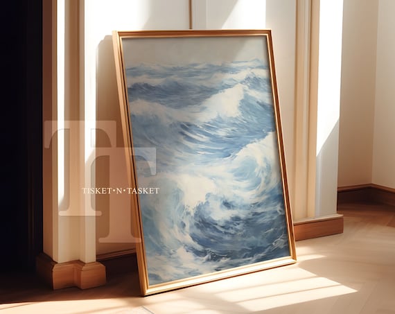 Blue Ocean Waves Crashing Surf Painting Vertical Coastal Wall Art