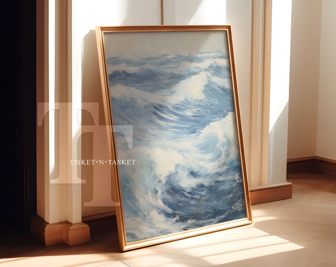 Blue Ocean Waves Crashing Surf Painting Vertical Coastal Wall Art
