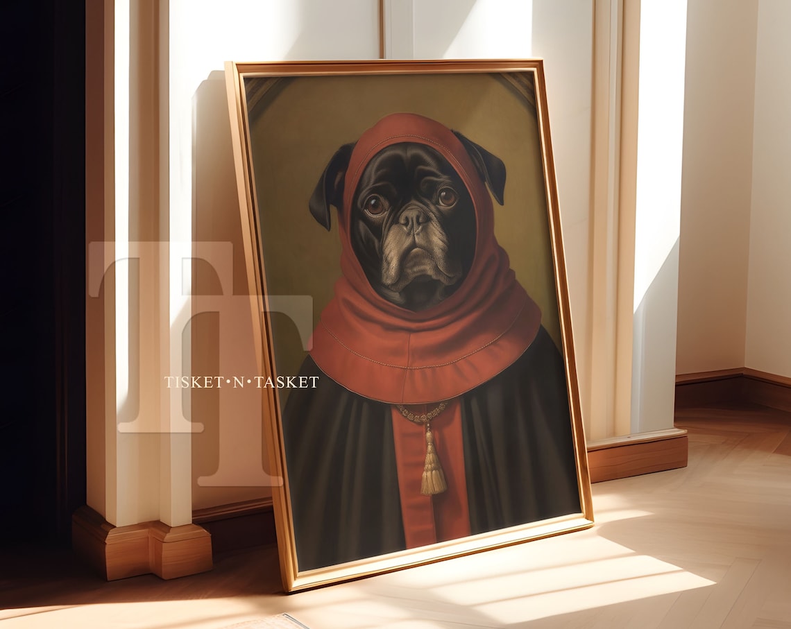 Black Pug Dog Portrait, Vintage Style Art Print