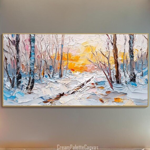 Winter Sunrise Painting On 3d Textured Snowy Forest Wall Art Landscape Sunrise Through Trees Painting Impressionist Living Room Decor