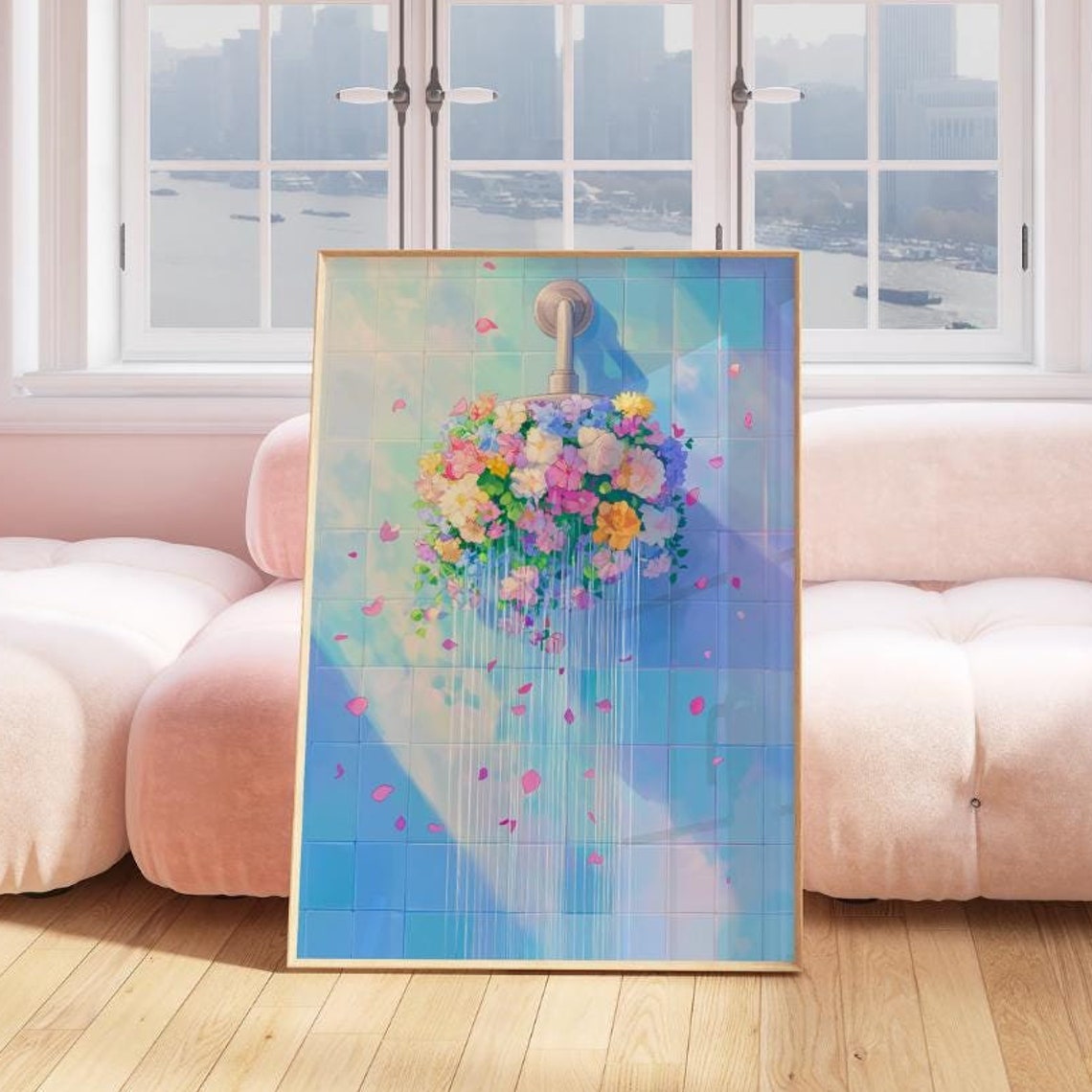 Floral Shower Bouquet On Blue Tile Whimsical Bathroom Decor Poster
