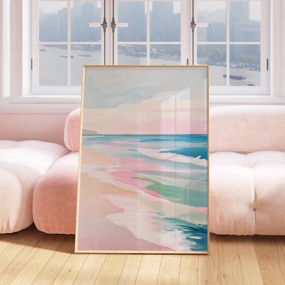 Abstract Pastel Ocean Painting Pink Coastal Waves Watercolor Poster