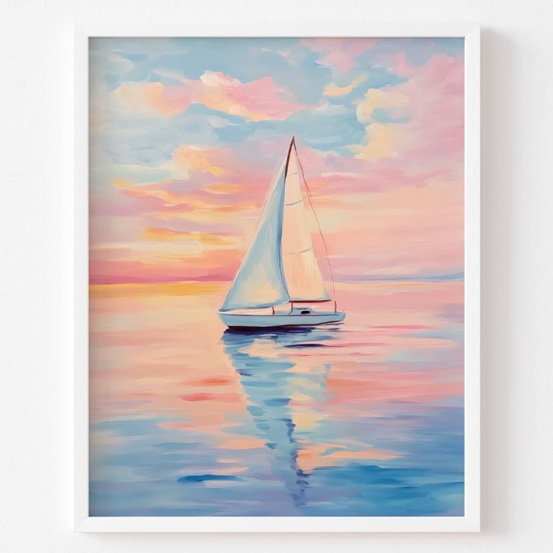 Pastel Sunset Sailboat Painting Pink Blue Ocean Reflection Wall Poster