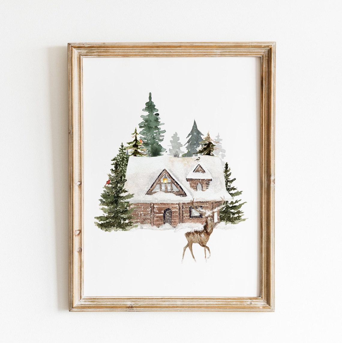 Snowy Log Cabin with Deer Winter Forest Watercolor Christmas Poster