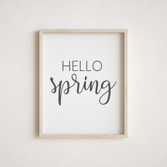Hello Spring Minimalist Black Script Typography Seasonal Quote Poster