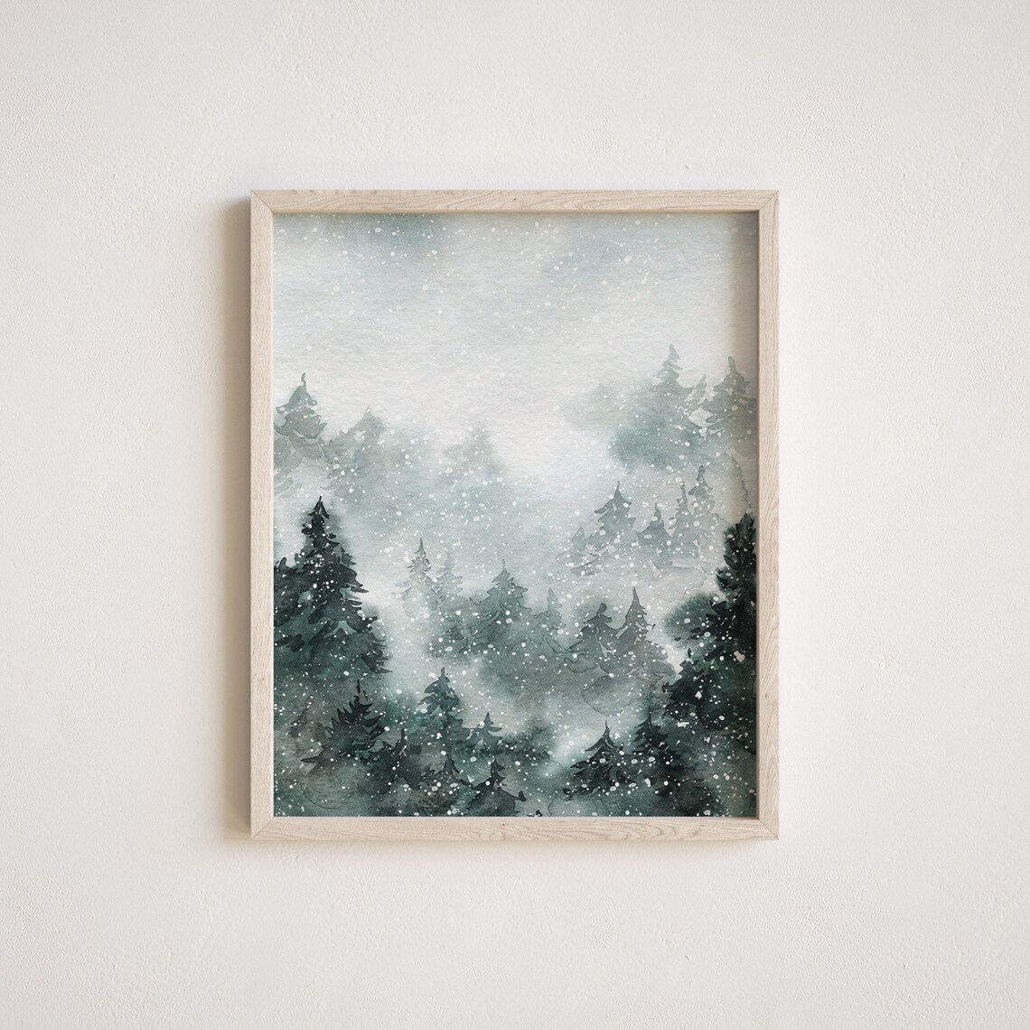 Snowy Pine Forest Landscape Misty Winter Watercolor Nature Poster - Image 3