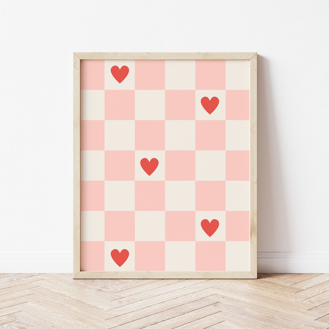 Pink Checkered Red Hearts Retro Valentine Pattern Holiday Poster - Image 2