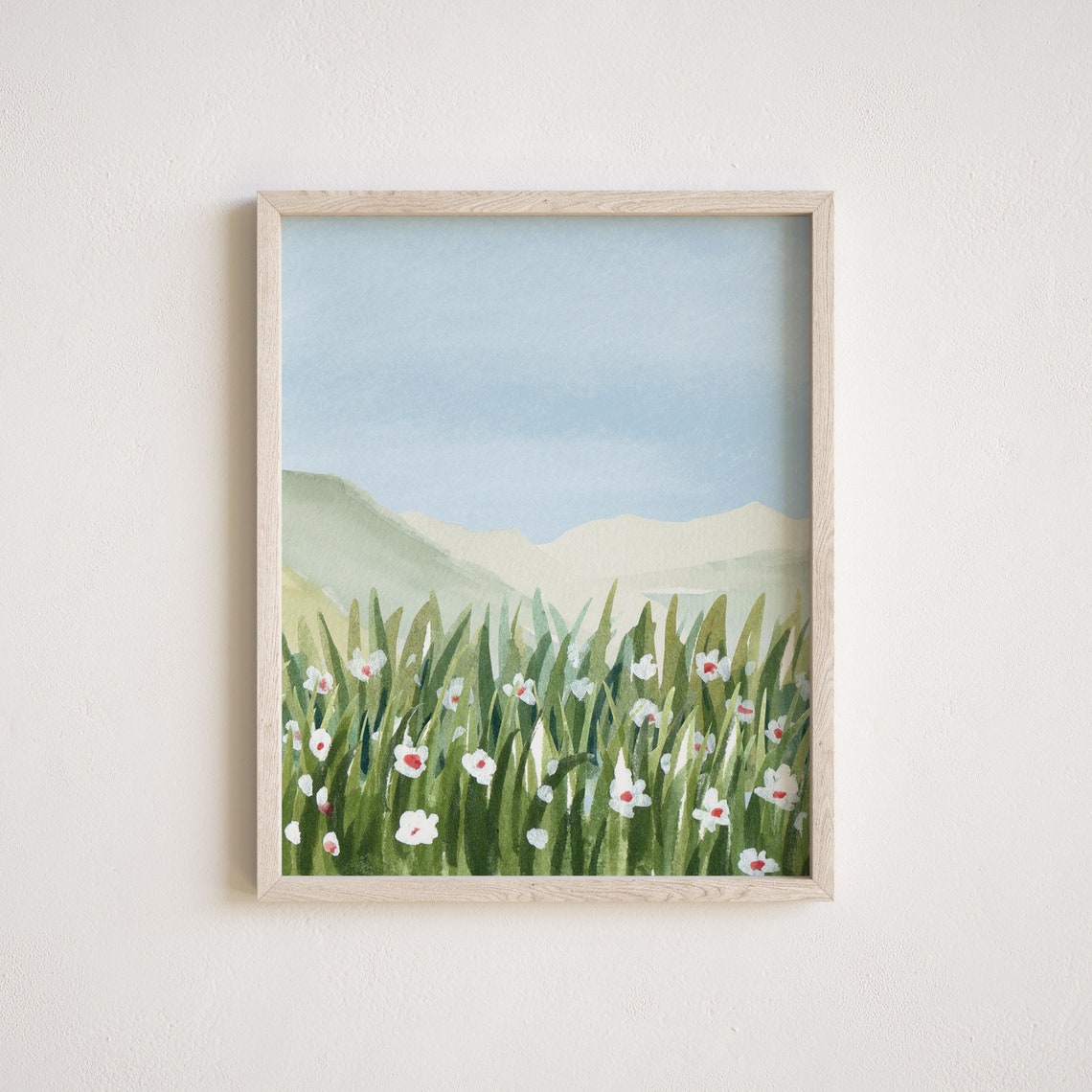 Wildflower Meadow Watercolor Mountain Landscape Spring Wall Art - Image 2