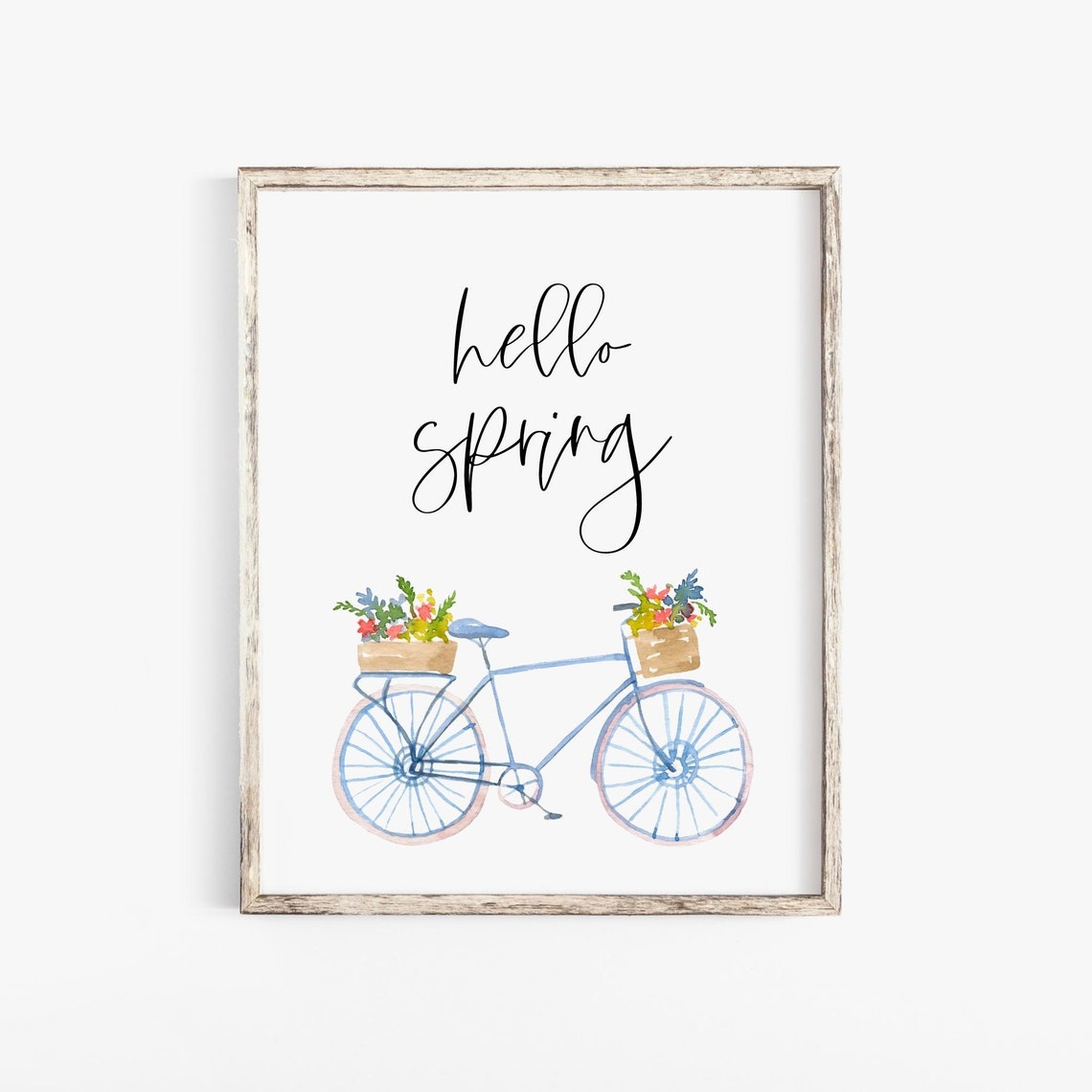 Hello Spring Watercolor Blue Bicycle Flower Baskets Seasonal Poster - Image 3