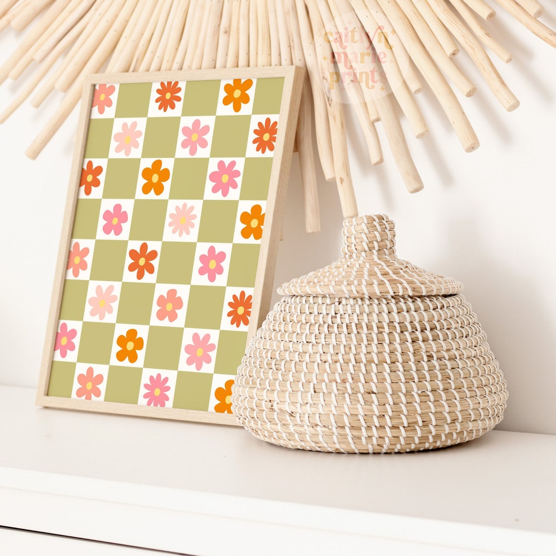 Checkered Groovy Flower Pattern Green Retro Daisy Spring Wall Art - Image 3
