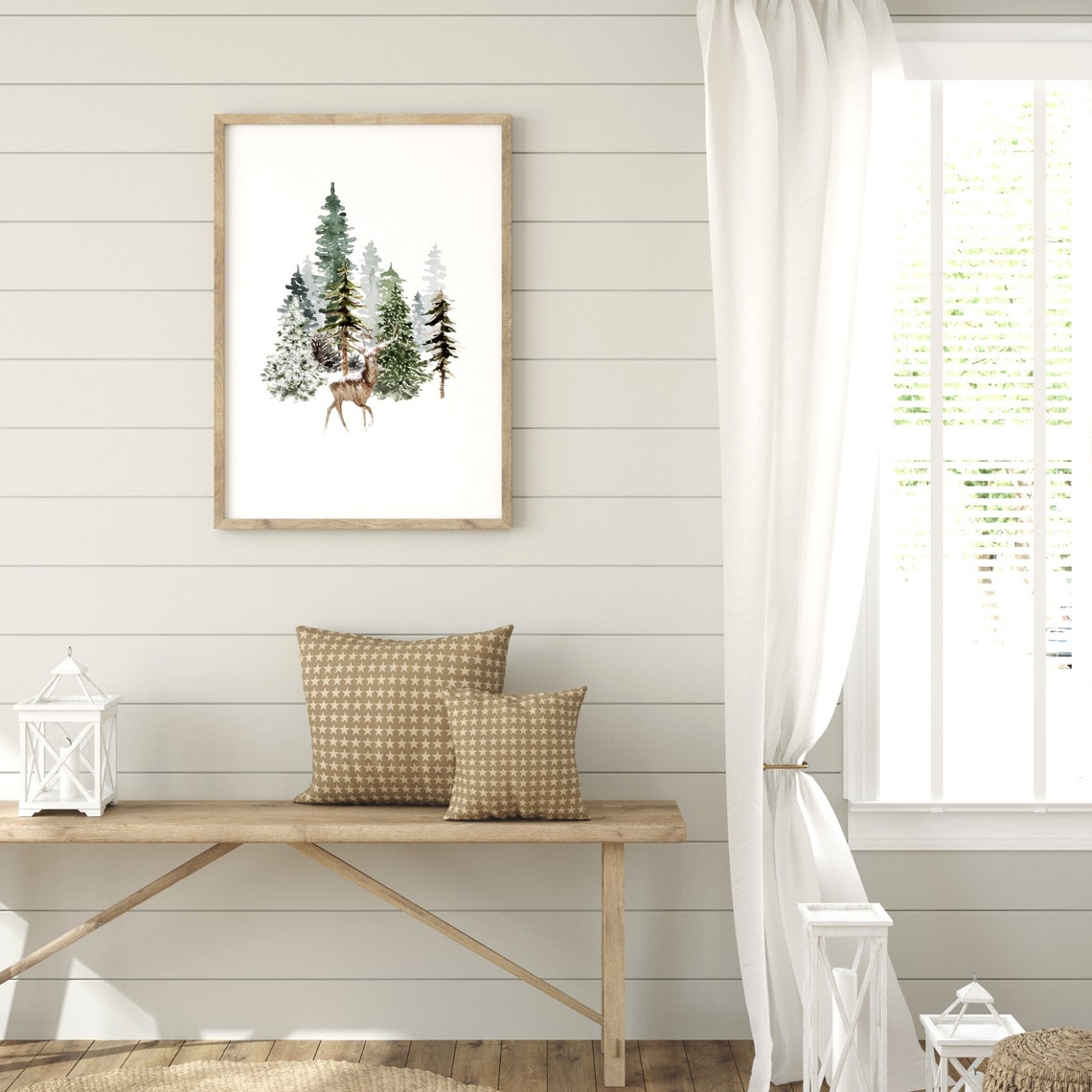 Winter Deer among Pine Trees Watercolor Woodland Forest Art Poster - Image 4