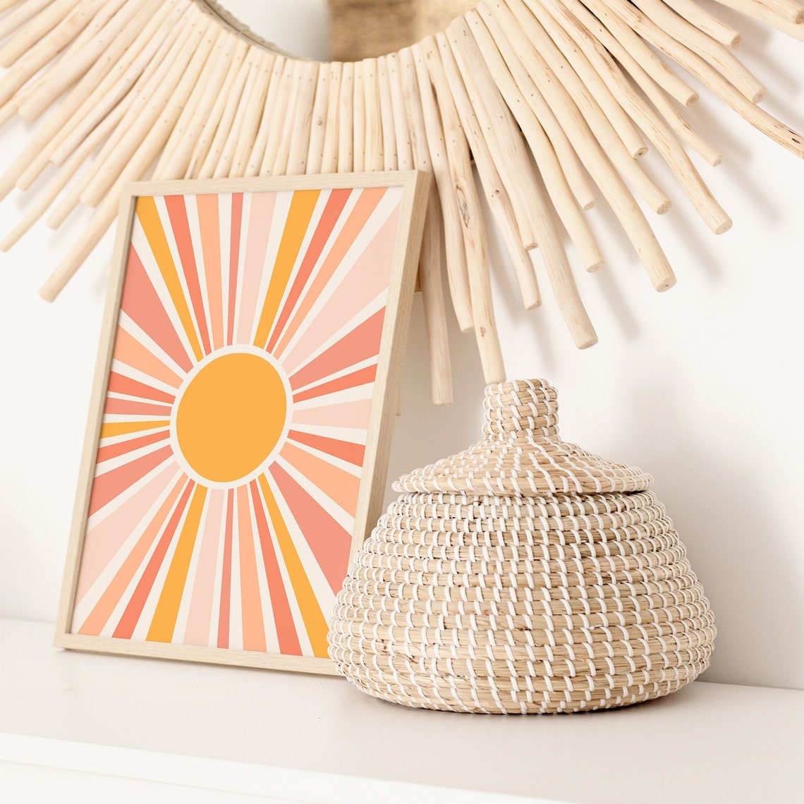 Retro Sunburst Rays Coral Peach Gold Boho Sunshine Minimalist Poster - Image 3