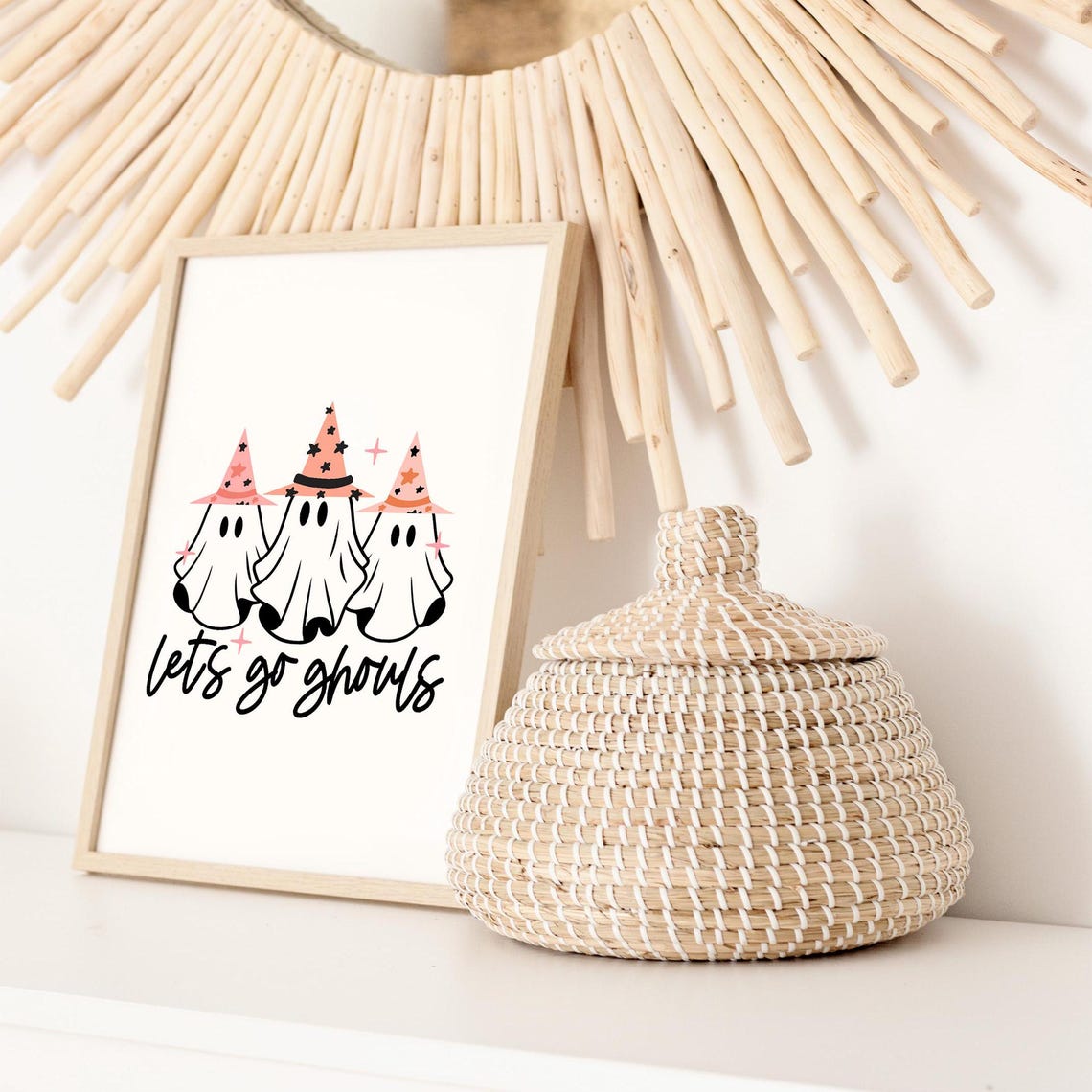 Lets Go Ghouls Three Cute Ghosts in Pink Witch Hats Halloween Poster - Image 2