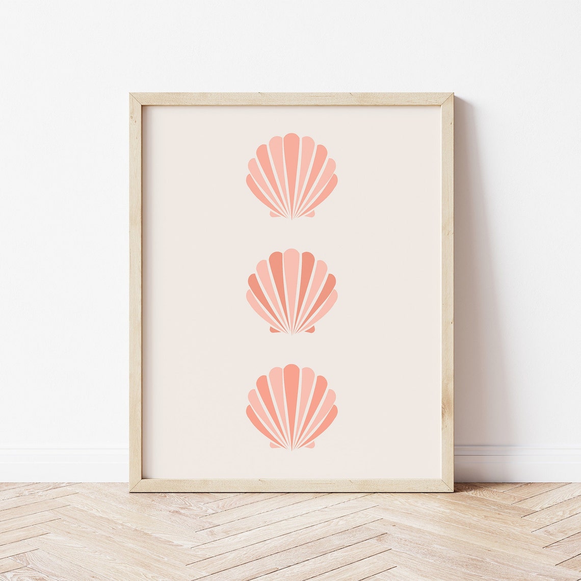 Three Pink Scallop Shell Illustrations Minimalist Coastal Wall Poster