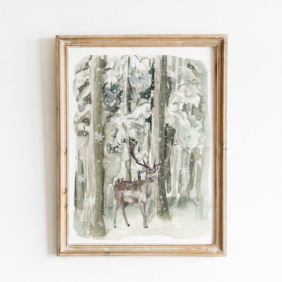 Majestic Deer in Snowy Birch Forest Watercolor Winter Woodland Poster