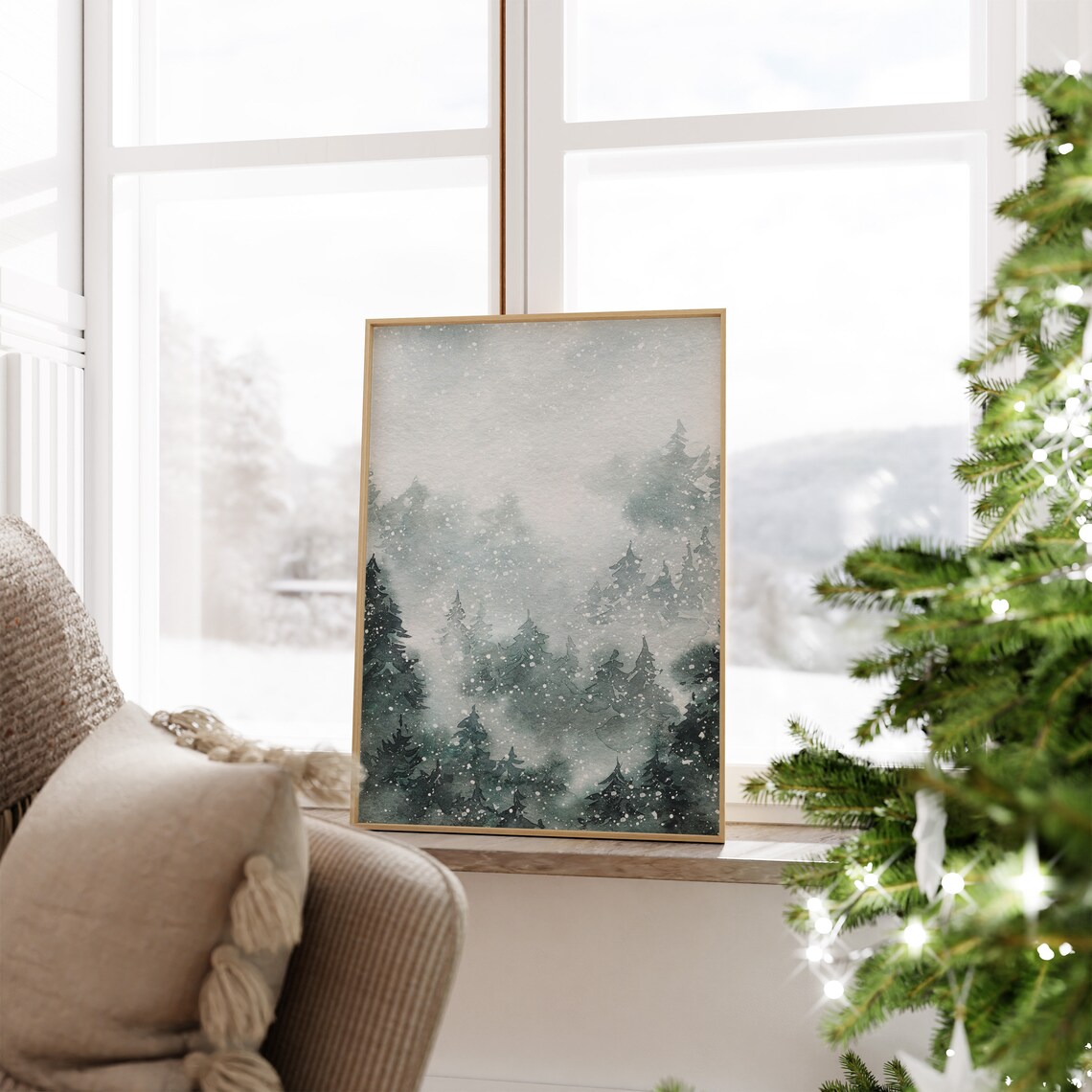 Snowy Pine Forest Landscape Misty Winter Watercolor Nature Poster - Image 2