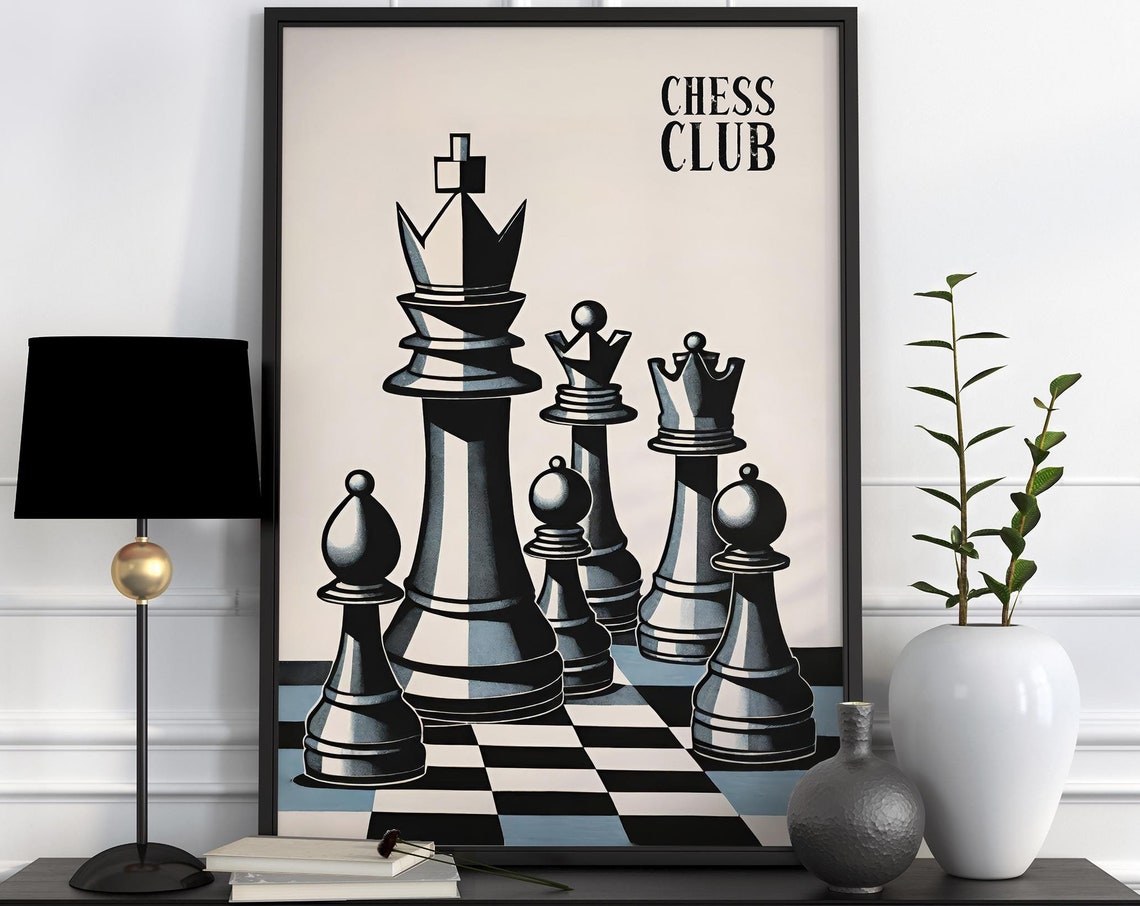 Monochrome Chess Club Black and White Pieces Graphic Strategy Poster