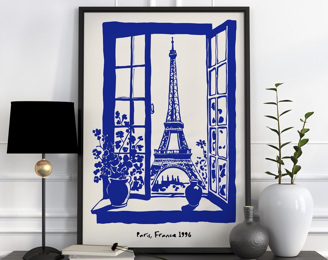 Paris France 1996 Blue Ink Eiffel Tower French Window View Poster