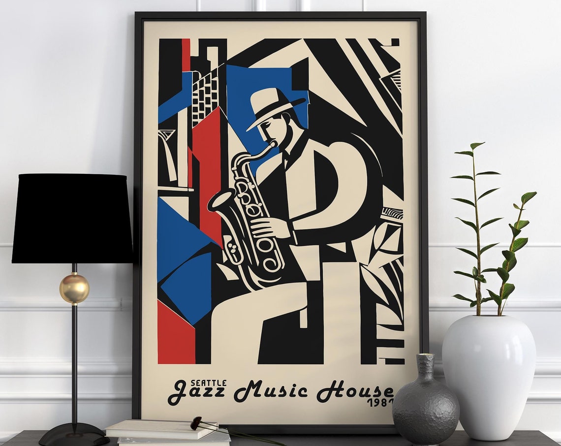 Seattle Jazz Music House 1987 Saxophone Player Art Deco Poster