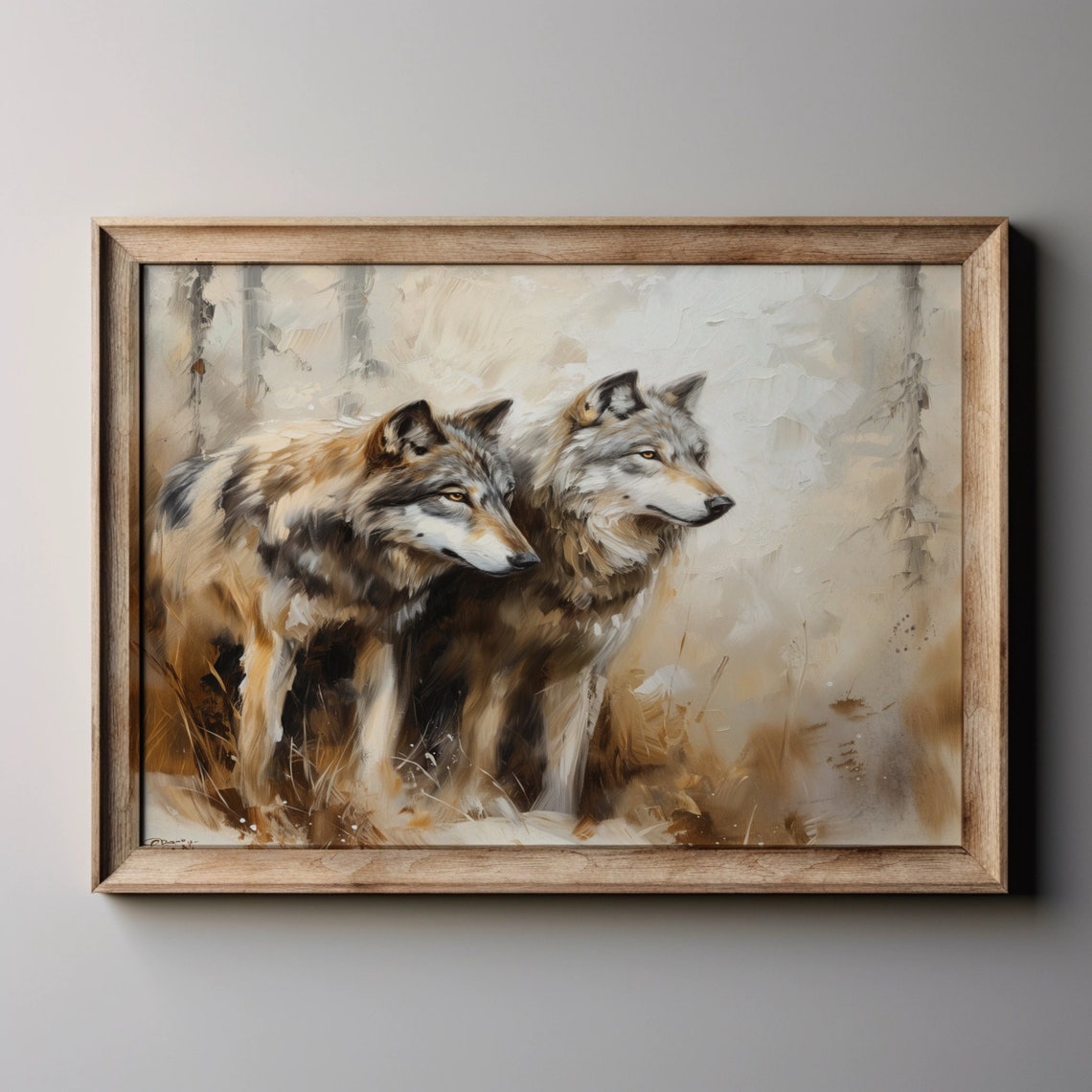 Two Wolves In The Wild Vintage Wolf Pair Oil Painting Animal Art Print
