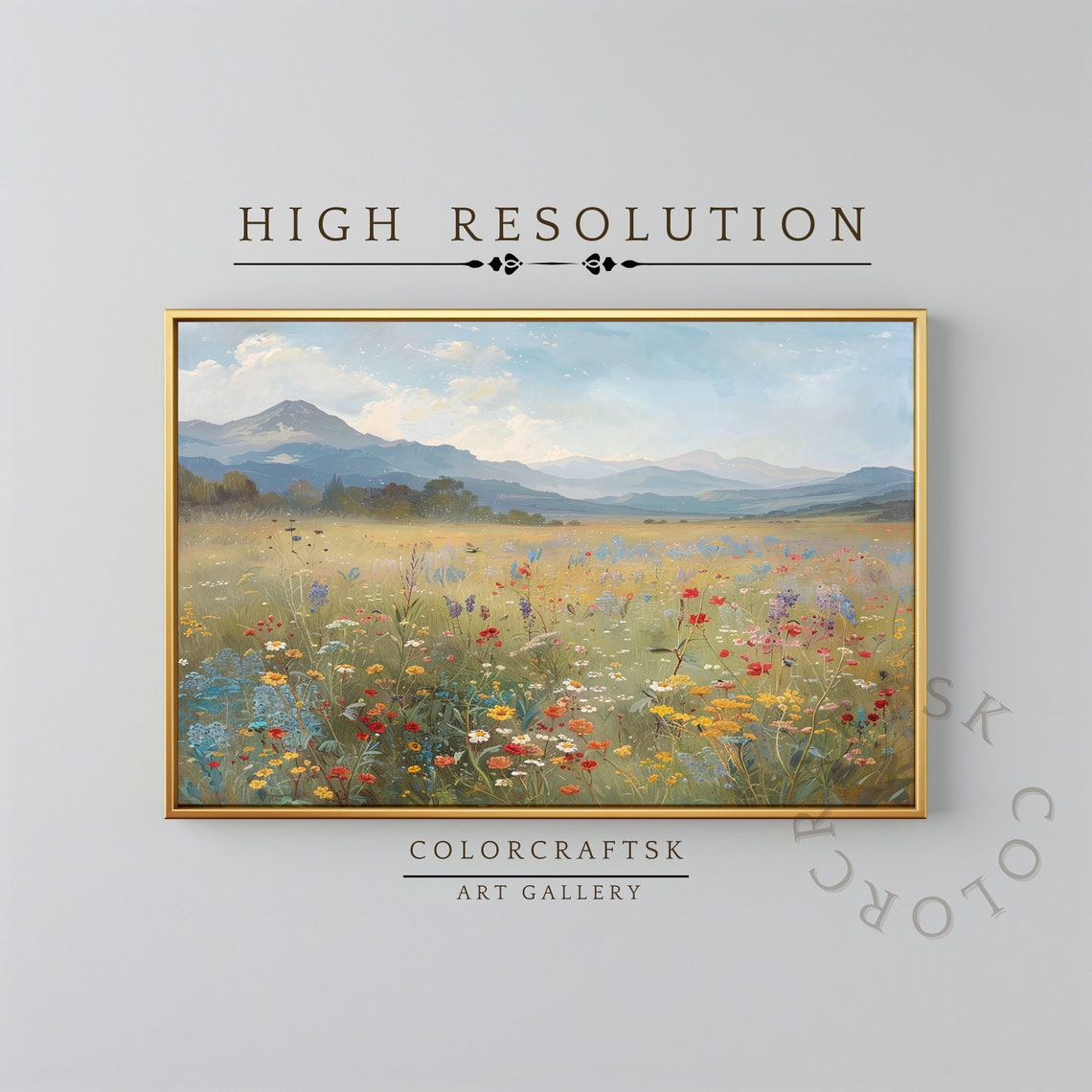 Wildflower Meadow Mountain View Summer Landscape Oil Painting Wall Art